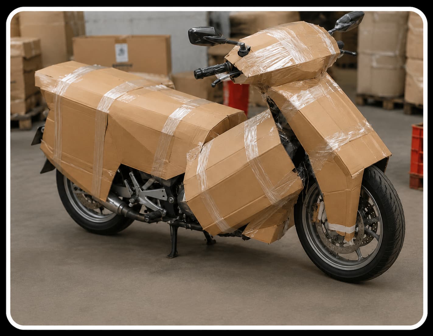 Xe máy được đóng gói bọc carton chống xước khi vận chuyển