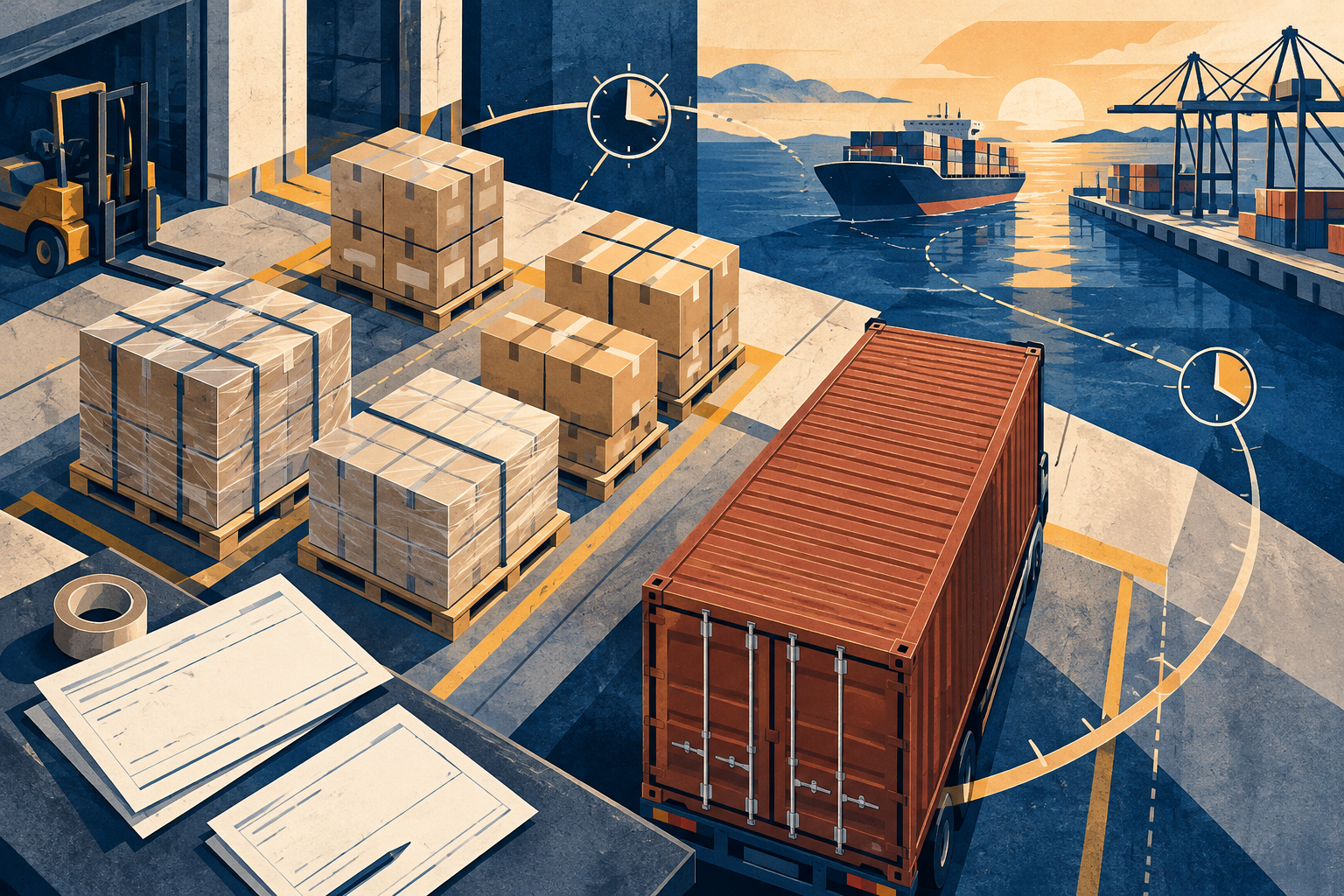 Minh họa collage chuẩn bị hàng xuất, chứng từ, container và bàn giao cảng