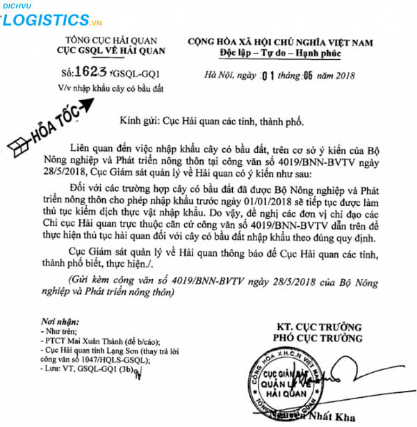 Thủ tục nhập khẩu cây cảnh bầu đất 2 Công văn số 1623/GSQL-GQ1 ngày 01/06/2018 V/v nhập khẩu cây có bầu đất